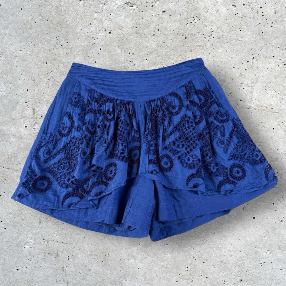 Anthropologie Leifnotes Silk/Cotton Jubilation Eyelet Lace Shorts in Indigo Sz 4